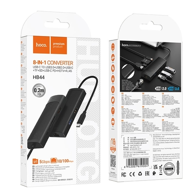 Αντάπτορας Hoco HB44 Easy Safe 8-in-1 USB-C σε USB 3.0 5Gbps USB 2.0 USB-C PD100W USB-C Micro SD TF Card  HDMI 4K και RJ45