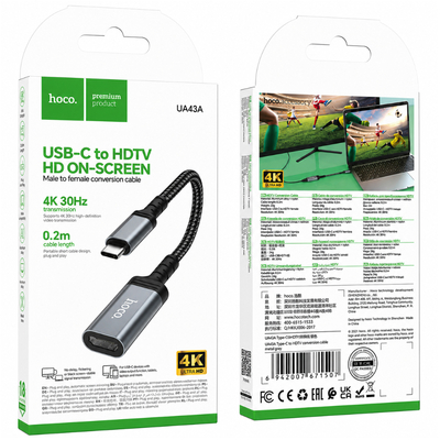 Αντάπτορας Hoco UA43A USB-C σε HDMI 4K 30Hz Braided Μαύρος 20cm