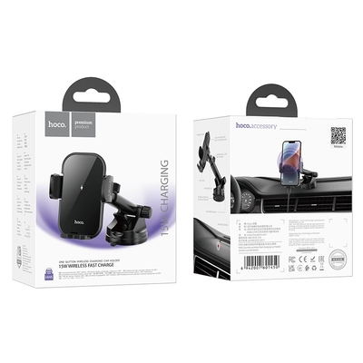 Βάση Στήριξης Αυτοκινήτου Hoco HW5 Journey Μαύρο με Wireless Fast Charger έως 15W και Επεκτεινόμενο Βραχίονα Μαύρη 4.5"-7"