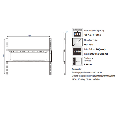 Βάση Στήριξης Noozy IH-T70 για Τηλεοράσεις 40'' - 80'' VESA από 26x120mm έως 600x500mm Μέγιστη αντοχή βάρους 65kg