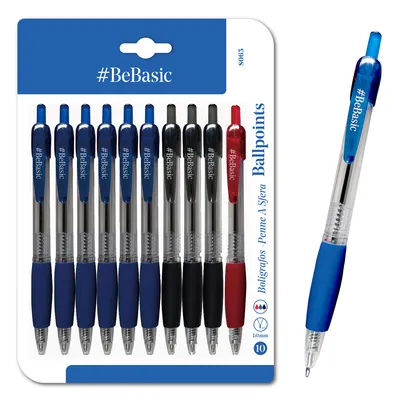 BEBASIC σετ στυλό διαρκείας ballpoint S065, 1mm μύτη, 14.5cm, μπλε/μαύρο/κόκκινο, 10τμχ