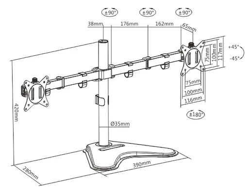 BRATECK βάση γραφείου για 2x οθόνες LDT66-T024, 17-32", έως 9kg