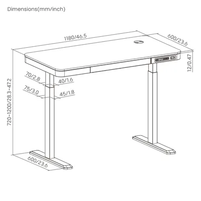 BRATECK ηλεκτρικό γραφείο S08-22DSWW με συρτάρι, 118x60x72~120cm, μαύρο