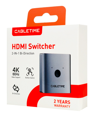 CABLETIME HDMI switch CT-HS4K-2G, 2 σε 1, 4K/60Hz, bidirectional, γκρι