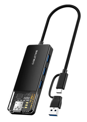 CABLETIME USB hub CT-HUBT3-PB, 4x θυρών, 5Gbps, USB/USB-C σύνδεση, μαύρο