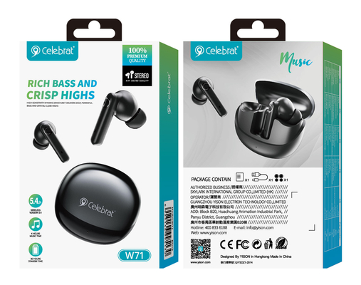 CELEBRAT earphones με θήκη φόρτισης W71, True Wireless, 10mm, 30/200mAh, μαύρα