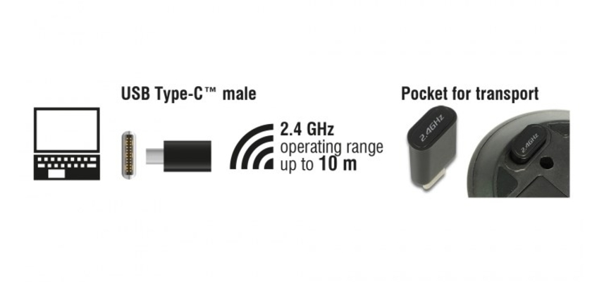 DELOCK ασύρματο ποντίκι 12526, Οπτικό, USB-C receiver, 3-button, μαύρο