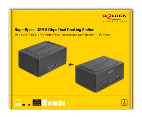 DELOCK docking station για 2.5" ή 3.5" SATA HDD/SSD 64183, 2 θέσεων, με card reader, 5Gbps, clone function, μαύρο