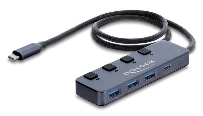 DELOCK USB-C hub 64384 με διακόπτες, 4x θυρών, 10Gbps, USB-C σύνδεση, γκρι