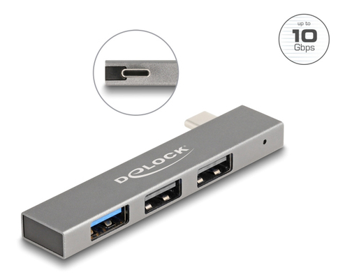 DELOCK USB hub 64274, 3x θυρών, 10Gbps, USB-C σύνδεση, γκρι