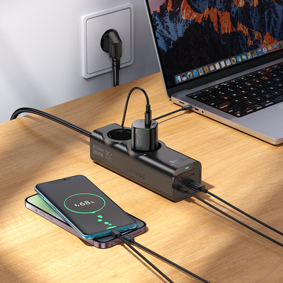 Επιτραπέζιος Φορτιστής Hoco NS10 Wisdom 4000W με 2xΣούκο + 3xUSB-C + 1xUSB-A PD65W με Καλώδιο 2m Μαύρος