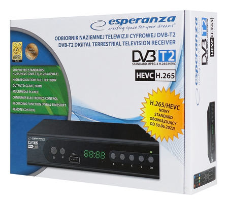 ESPERANZA ψηφιακός δέκτης EV106R, DVB-T2, Full HD, MPEG-4, H.265/HEVC, με PVR
