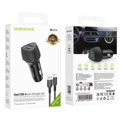 Φορτιστής Αυτοκινήτου Borofone BZ31A Solid 2xUSB-A 17W με Καλώδιο USB-A σε USB-C 1m Μαύρος