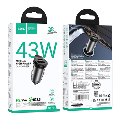 Φορτιστής Αυτοκινήτου Hoco NZ16A Rigorous Mini Size 43W USB-C PD25W + USB-A 18W Quick Charge 3.0A Γκρι