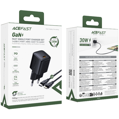Φορτιστής Ταξιδίου Acefast A118 Mini Fast Charging 1xUSB-C PD30W QC3.0 GaN με USB-C σε Lightning Καλώδιο 1.2m Μαύρος