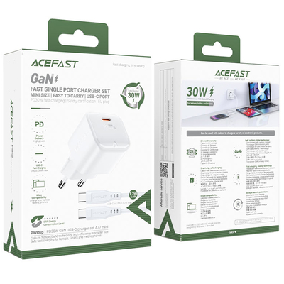 Φορτιστής Ταξιδίου Acefast A77 Mini Fast Charging 1xUSB-C PD30W QC3.0 GaN Λευκός + Καλώδιο USB-C σε USB-C