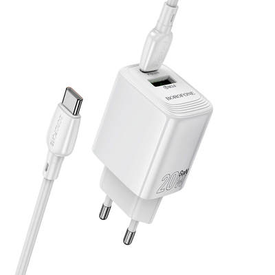 Φορτιστής Ταξιδίου Borofone BN27 Fuente GaN με 1xUSB-C PD20W 1xUSB-A QC3.0A και Καλώδιο USB-C σε USB-C Λευκός