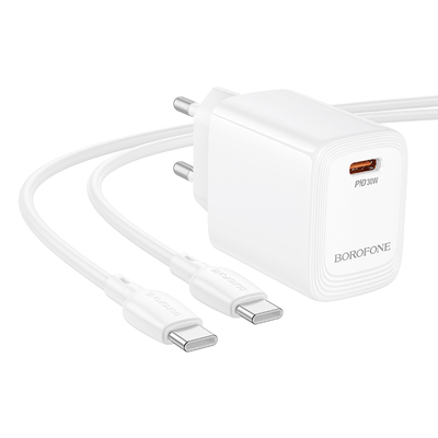 Φορτιστής Ταξιδίου Borofone BN28 Fuente GaN USB-C PD30W Mini Size + Καλώδιο Φόρτισης USB-C σε USB-C Λευκός
