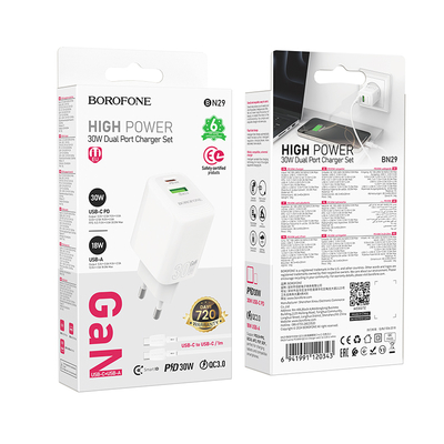 Φορτιστής Ταξιδίου Borofone BN29 Fuente GaN με 1xUSB-C PD30W και 1xUSB-A QC3.0A + Καλώδιο Φόρτισης USB-C σε USB-C Λευκός