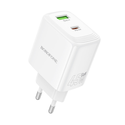 Φορτιστής Ταξιδίου Borofone BN30 Cargador GaN με 1xUSB-C PD45W και 1xUSB-A QC PD18W Λευκός