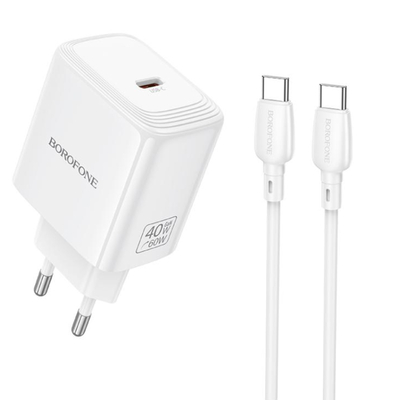 Φορτιστής Ταξιδίου Borofone BN33 Fuente GaN USB-C PD40W + Καλώδιο Φόρτισης USB-C σε USB-C Λευκός