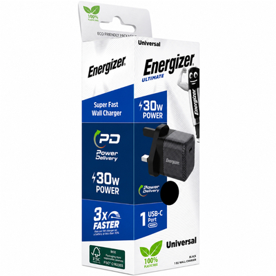 Φορτιστής Ταξιδίου Energizer Fast Charge με USB-C 30W  Μαύρος με UK Plug