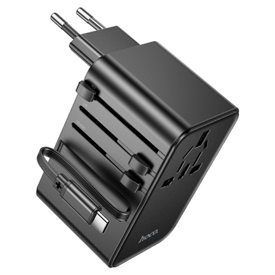Φορτιστής Ταξιδίου Hoco AC18 Universal Converter US EU AU UK με 2xUSB 1xUSB-C και Ενσωματομένο Καλώδιο USB-C PD35W QC3.0 Μαύρο