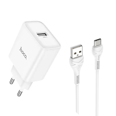 Φορτιστής Ταξιδίου Hoco. DC72 River USB-A 5V 2.1A με Καλώδιο USB-A σε  USB-C 1m Λευκός