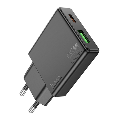 Φορτιστής Ταξιδίου Hoco N38 Delgado Ultra Thin με 2 Εξόδους Φόρτισης 1xUSB-C PD20W και USB-A QC3.0A Μαύρος