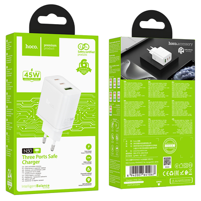 Φορτιστής Ταξιδίου Hoco N50 Scenery GaN 45W με 2 x USB-C και 1 x USB-A  Λευκός