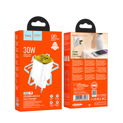 Φορτιστής Ταξιδίου Hoco N53 Monsoon με 1xUSB QC3.0 και 1xUSB-C PD30W GaN Tech Ασπρος