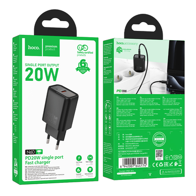 Φορτιστής Ταξιδίου Hoco N60 Gentle GaN με 1 Εξόδο Φόρτισης USB-C PD20W 5V 3.0A  Μαύρος