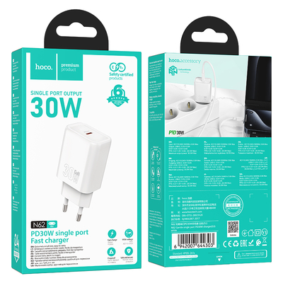 Φορτιστής Ταξιδίου Hoco N62 Gentle με 1 Εξόδο Φόρτισης GaN USB-C Quick Charge PD30W 5V 3.0A  Λευκός