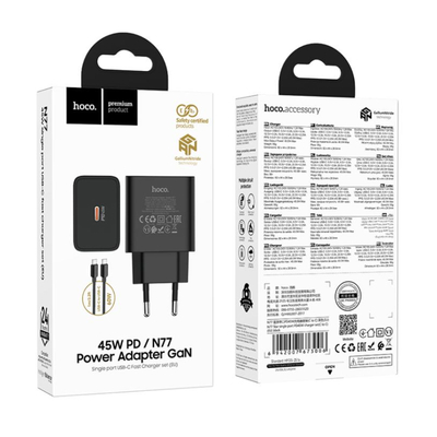 Φορτιστής Ταξιδίου Hoco N77 Star GaN 45W Fast Charge με 1xUSB-C με Καλώδιο USB-C σε USB-C 60W Μαύρος