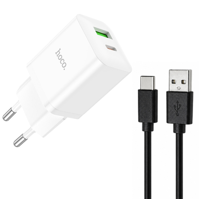Φορτιστής Ταξιδίου Mini Hoco N28 Founder PD20W QC3.0A 1xUSB-A 1xUSB-C Λευκός Bulk με Καλώδιο USB-A σε USB-C