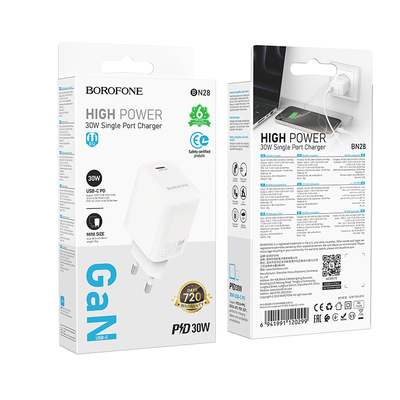 Φορτιστής Ταξιδίου Mini Size Borofone BN28 Fuente GaN USB-C PD30W Λευκός