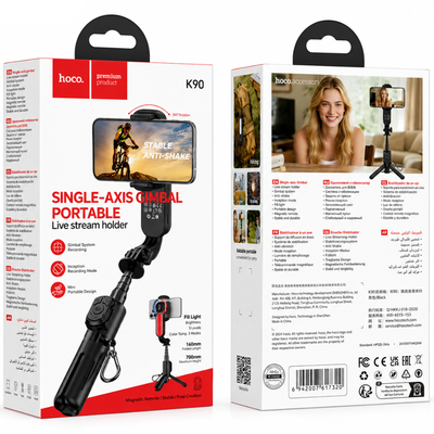 Gimbal Τρίποδο Hoco K90 Feliz Mini για Συσκευές 4.5"- 7" με Φωτισμό και Τηλεχειρισμό Μαύρο