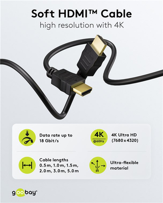 GOOBAY καλώδιο HDMI 80096 με Ethernet, soft, 4K/60Hz, 18 Gbps, 0.5m, μαύρο