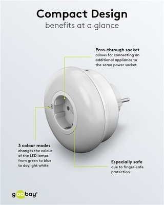 GOOBAY LED φωτιστικό νυκτός 64567, πρίζα schuko, 3 χρώματα φωτός, 6500K