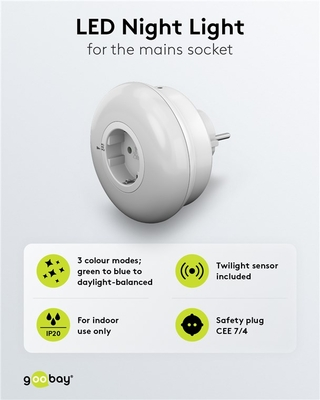 GOOBAY LED φωτιστικό νυκτός 64567, πρίζα schuko, 3 χρώματα φωτός, 6500K