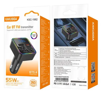 KAKUSIGA FM transmitter & φορτιστής KSC-1982, USB/USB-C, 55W, Bluetooth, μαύρο