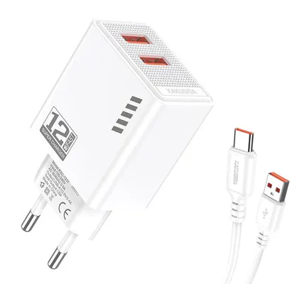 KAKUSIGA φορτιστής τοίχου KSC-1238 με καλώδιο USB-C, 2x USB, 12W, λευκός