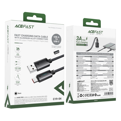 Καλώδιο Acefast C19-04 Μεταλλικό USB-A σε USB-C 3.0A Γρήγορη Φόρτιση USB2.0 με Ένδειξη Φόρτισης Braided Μαύρο 1.2m