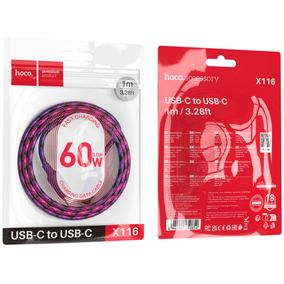 Καλώδιο Hoco X116 Meridian USB-C σε USB-C 60W 3A Braided Πολύχρωμο Μωβ 1m