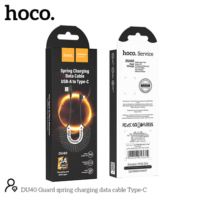 Καλώδιο σύνδεσης Hoco. DU40 Guard USB σε USB-C 3A Spring Cable Braided Μαύρο 0.45-1m