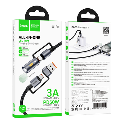 Καλώδιο Σύνδεσης Hoco U138 USB-C/USB-A σε USB-C/Φακό 3A PD60W Braided Μαύρο 1.2m