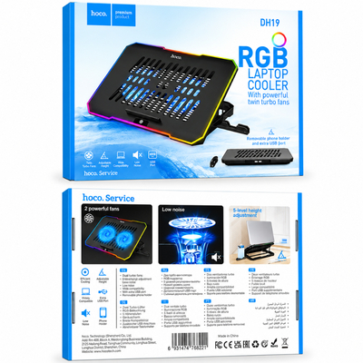 Laptop Cooler Hoco. DH19 Cool RGB με 2 Ανεμιστήρακια 1200Rpm και Stand Κινητού για Φορητούς Υπολογιστές έως 17"
