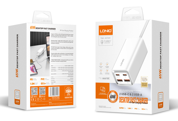 LDNIO σταθμός φόρτισης A4610C, 2x USB-C & 2x USB, 65W, PD/QC, λευκός