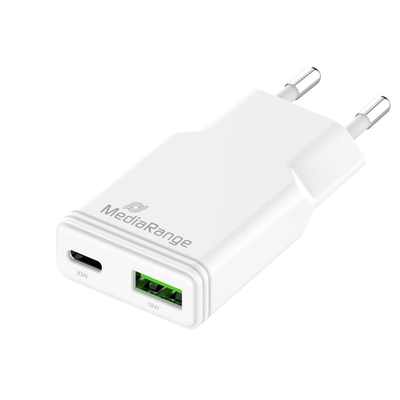 MediaRange 30W GaN Fast Charging Adapter (EU-Plug), 1x USB-C and 1x USB-A, USB-C® Power Delivery and Quick Charge enabled, White (MRMA125)