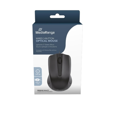 MediaRange Optical Mouse Corded 3-Button (Black, Wired) (MROS210)